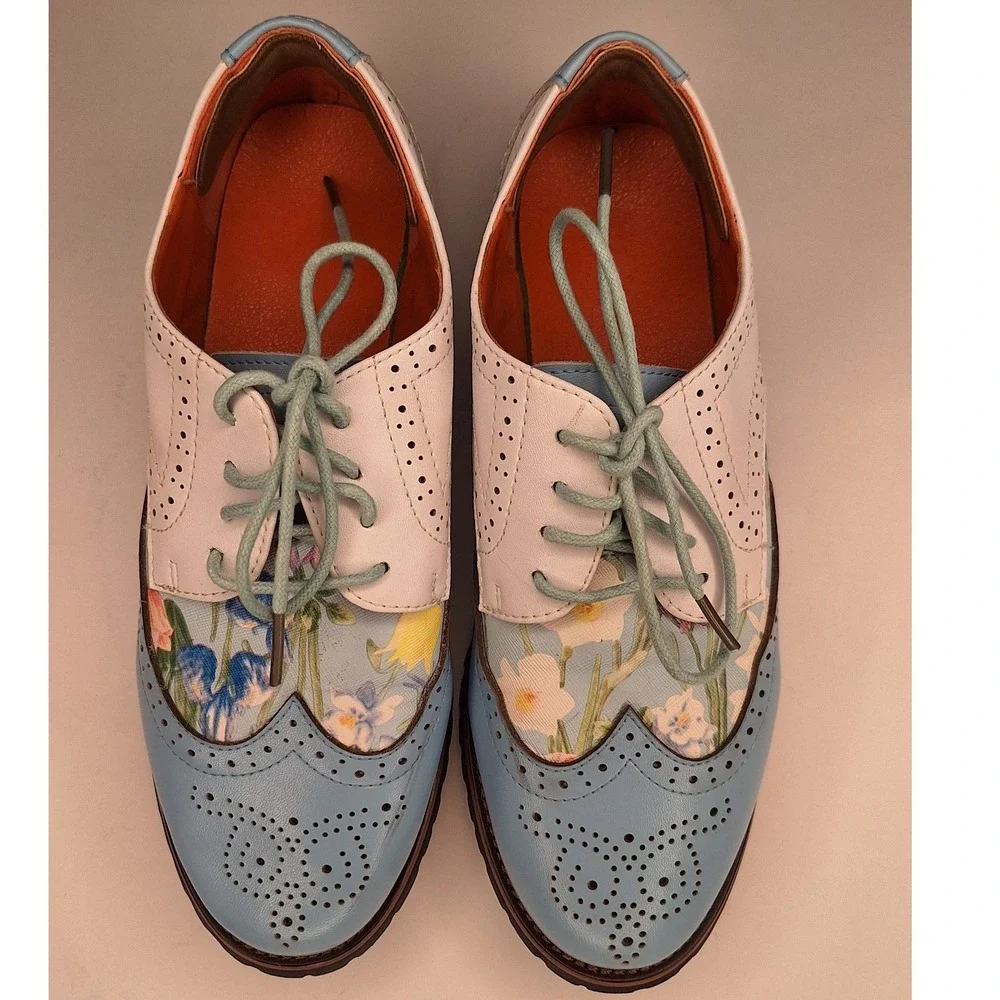 Floral Wingtip Oxford Shoes Pastel Blue White Leather Brogue Lace Up Size 36